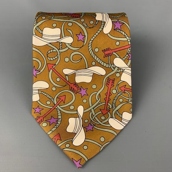 JUSTIN DAVID Brown Multi-Color Print Silk Tie - Picture 1 of 4